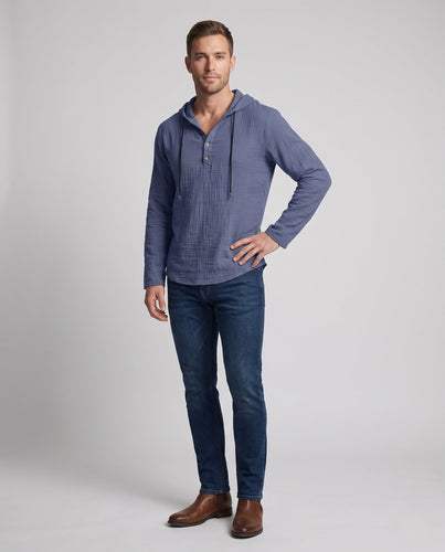 Herren Leichtgewicht Kapuzen-Henley-Shirt aus Baumwoll-Leinen-Mix mit Textur und Holzknöpfen Shop Nory