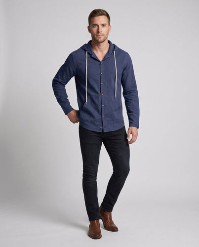 Herren Leichtgewicht Kapuzenhemd-Jacke im Leinen-Look mit Knopfleiste und Kängurutasche Shop Nory