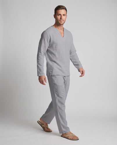 Männer Leichtes Leinenmischung Lounge-Set mit V-Ausschnitt Hemd und lockeren Relax-Hosen Shop Nory