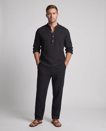 Herren Leinenlook Freizeitset mit Stehkragen Henley und weiten lässigen Hosen Shop Nory