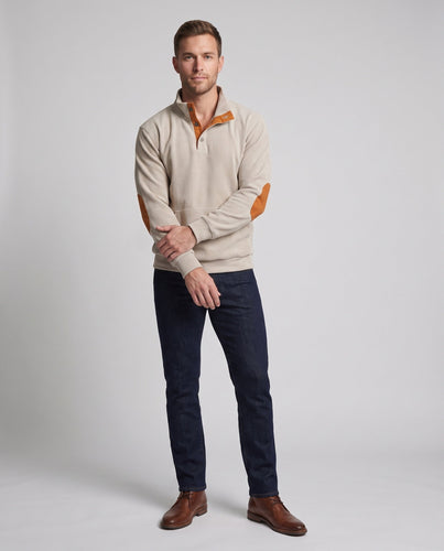 Männlicher Cordpullover mit Stehkragen, Henley-Knopfleiste und Ellbogenpatches Shop Nory