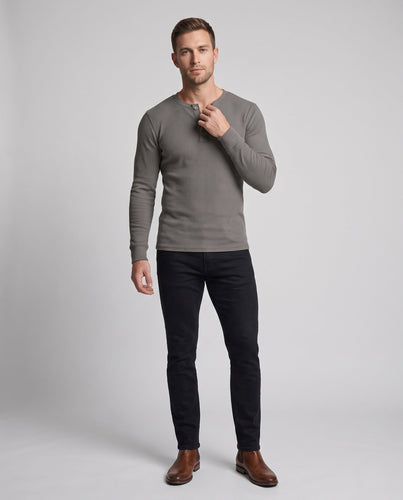 Herren Feinstruktur Henley mit geripptem Jersey, Rundhalsausschnitt und Knopfleiste Shop Nory
