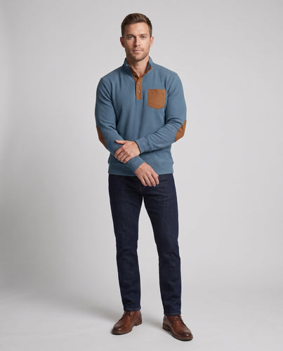 Herren fein strukturierter Henley-Pullover mit Stehkragen, Ellbogen-Patches & Brusttasche Shop Nory