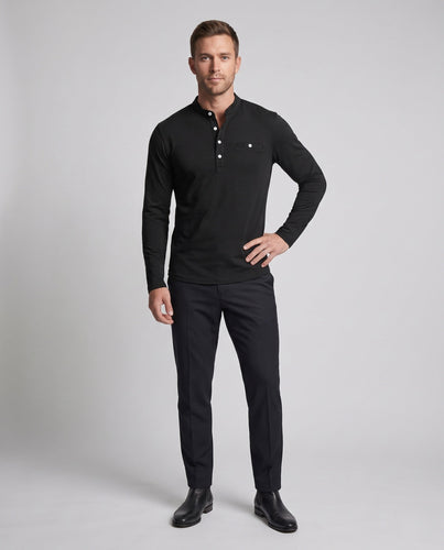 Herren Feinstrukturierter Langarm-Henley mit Stehkragen und Brustaufsetztasche Shop Nory