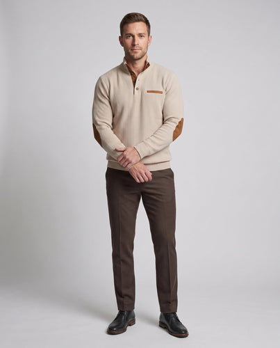 Herren Rippkragen Henley Pullover mit Kontrast-Einsätzen & Ellbogen-Patches Shop Nory