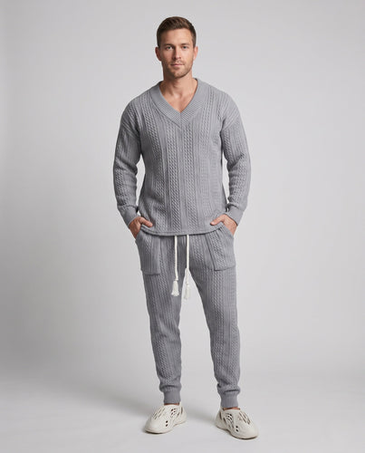 Herren Strick-Loungewear-Set mit V-Ausschnitt und schmal zulaufenden Joggern Shop Nory