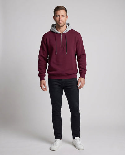 Herren Half-Zip Hoodie aus French Terry mit Kontrastkapuze und Kordelzug Shop Nory
