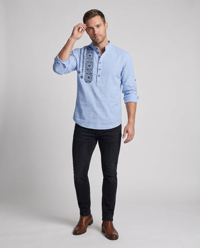 Herrenhemd mit Stehkragen, vertikalem ethnischem Druck und leichtem Leinen-Look Shop Nory