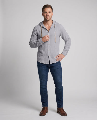 Herren Kapuzen-Leinenhemd im Relaxed Fit mit Knopfleiste und Kordelzug Shop Nory