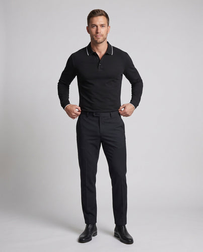 Herren Langarm-Polo-Shirt aus Stretch-Piqué mit slim fit und kontrastfarbener Paspel Shop Nory