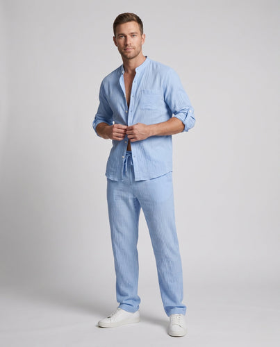 Herren lässiges Leinenmischung Zweiteilig mit Stehkragen Henley und lockeren Kordelzughosen Shop Nory