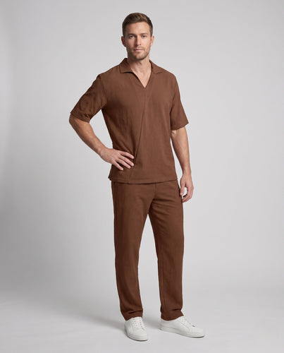 Herren Casual Leinen-Look Loungewear Set mit offener V-Ausschnitt und geraden Loungehosen Shop Nory