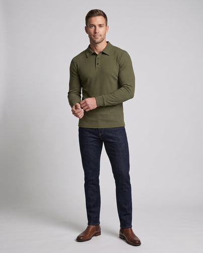 Herren Freizeit Langarm Polohemd aus feinem geripptem Jersey mit verdeckter Knopfleiste Shop Nory