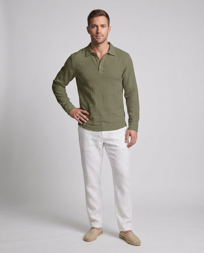 Leichtes Herren-Leinen-Optik Henley Polo-Shirt mit Hemdkragen und offener Knopfleiste Shop Nory