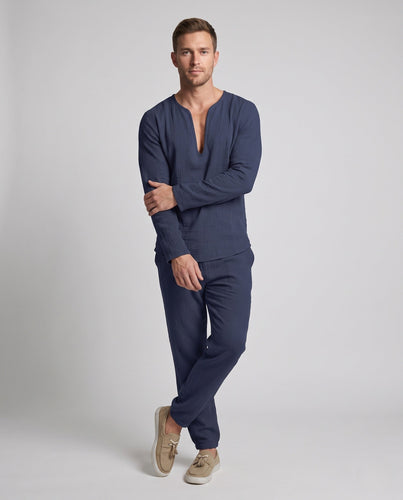 Herren Leichte Leinen-Look Resort Set mit tiefem V-Ausschnitt & lockeren Hosen Shop Nory