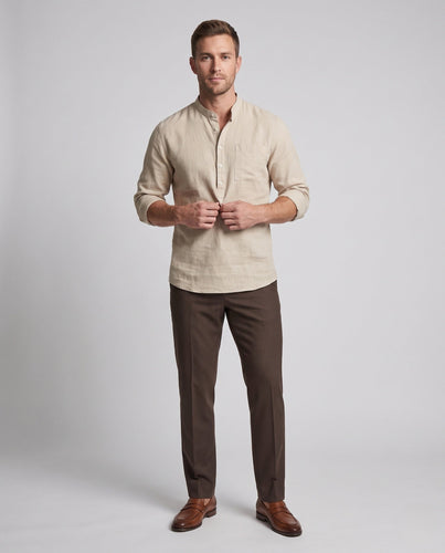 Herren Leichte Stehkragen Henley Shirt aus Leinenmischung mit Brusttasche Shop Nory
