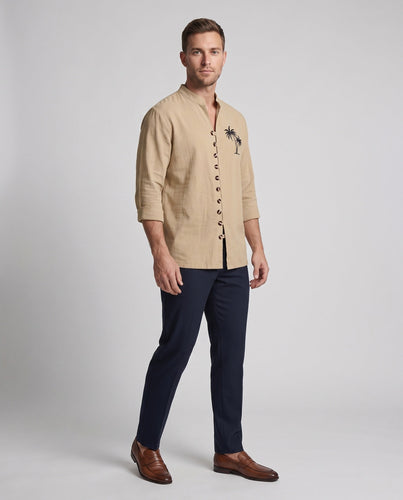 Herren Leinenlook Mandarin Hemd mit Holzknopfverschluss und Palmstickerei Shop Nory