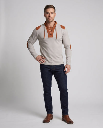 Herren lockere langärmlige Waffelshirt mit Schnürkragen und Ellbogenpatches Shop Nory