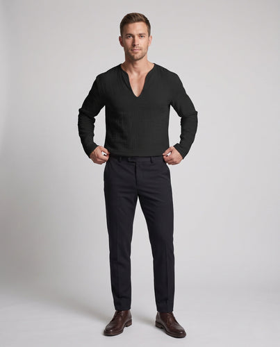 Herren Lose Leinenlook Langarmshirt mit Tiefem V-Ausschnitt und Strukturiertem Look Shop Nory