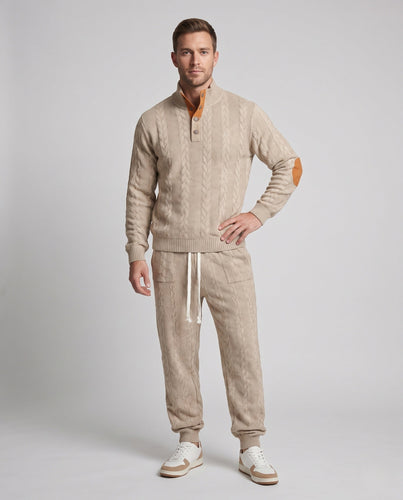 Männer Strukturierter Kabelstrick Loungewear Set mit Henley-Kragen und Jogginghose Shop Nory