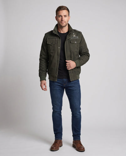 Herren Baumwollfeldjacke im militärischen Stil mit Stehkragen, Schulterklappen und mehreren Taschen Shop nory