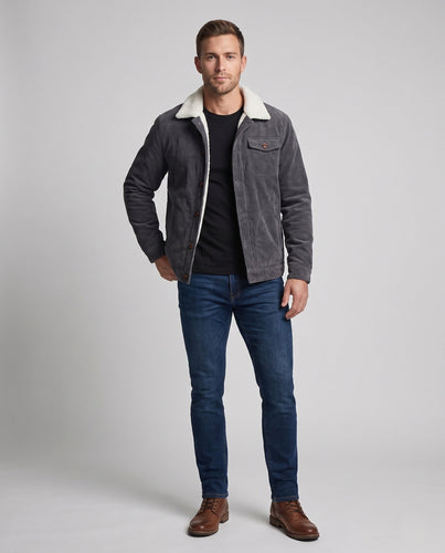 Herren-Kord-Arbeitsjacke mit vollständigem Sherpa-Futter, Hemdkragen und Seitentaschen Shop nory