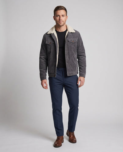 Herren Cordjacke im Trucker-Stil mit durchgehendem Sherpa-Futter und Teddy-Kragen Shop nory