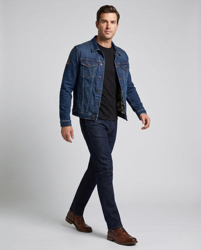 Herren Denimjacke im Trucker-Stil mit kontrastierenden Nähten und Brustklappen Taschen Shop nory