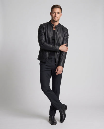 Herren maßgeschneiderte Kunstlederjacke im Biker Blouson Stil mit Stehkragen und Reißverschluss Shop nory