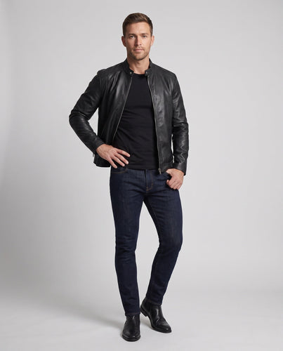 Herren enganliegendes Kunstleder-Motorradjacke mit kurzem Stehkragen und zentralem Metallreißverschluss Shop Nory