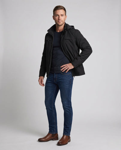 Herren funktionale Kapuzenjacke im Feldstil mit versteckter Reißverschlusstasche und verstellbaren Klettmanschetten Shop Nory