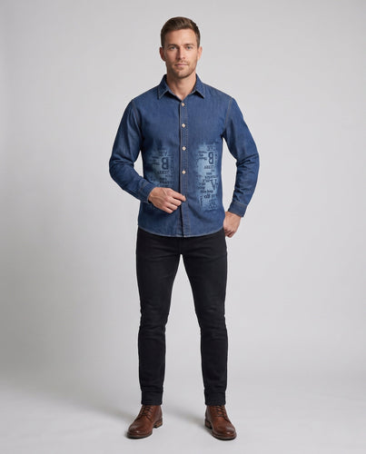 Herren-Denim-Hemd im Overshirt-Stil mit Allover-Print und durchgehender Knopfleiste Shop Nory