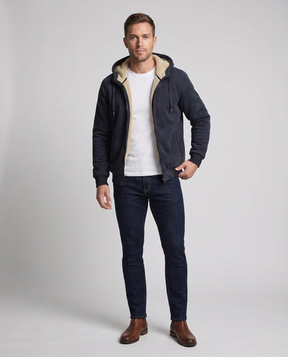 Herren Kapuzen-Fleecejacke mit Sherpa-Futter, Reißverschluss und gerippten Bündchen Shop nory