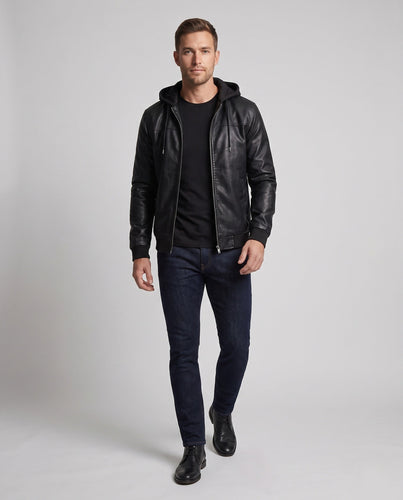 Herren Kapuzenjacke aus Kunstleder im Biker-Bomber-Stil mit integrierter Hoodie-Fütterung Shop nory