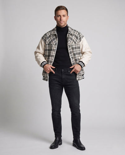 Herren Karierter Baumwollmix Collegejacke mit Kunstlederärmeln und gerippten Bündchen Shop Nory