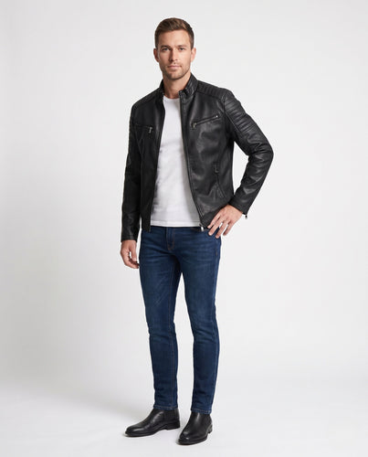 Herren Kunstleder Bikerjacke mit gesteppten Schultern und Stehkragen Shop nory