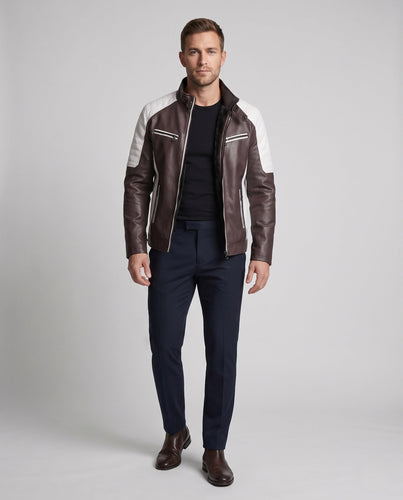 Herren Kunstleder Bikerjacke mit Teddyfutter, Stehkragen und dekorativem Riemen Shop Nory