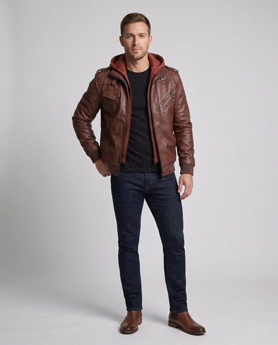 Herren Kunstleder Bomberjacke mit Camouflage-Muster und integrierter Hoodie-Innenlage Shop nory