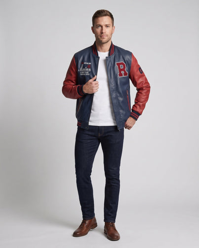 Herren Kunstleder College Bomberjacke mit gesticktem Patch und gerippten Bündchen Shop Nory