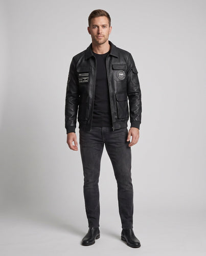Herren-Faux-Leder-Feldjacke im Pilotstil mit Utility-Taschen und Patch-Details Shop nory