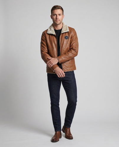 Herren Pilotenjacke aus Kunstleder mit Teddyfutter, Reißverschluss und dekorativen Nähten Shop Nory