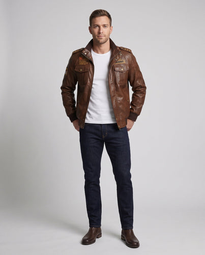Herren Pilotjacke aus synthetischem Leder mit wärmendem Teddy-Futter und Schulterabzeichen Shop nory