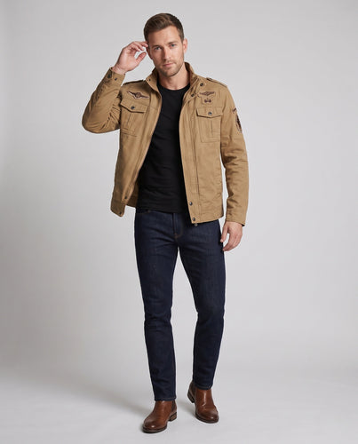 Herren Kurzmantel aus Canvas im Militärstil mit Brustklappen Taschen und Stehkragen Shop nory