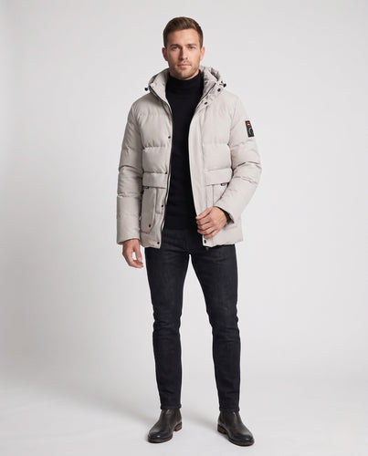Herren Kurzparka im minimalistischen gesteppte Design mit verstaubarem Hut und verdeckten Reißverschlusstaschen Shop Nory