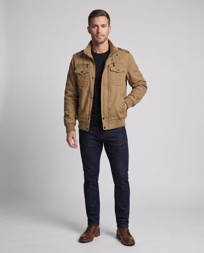 Herren Short-Cut Canvas Blouson mit Stehkragen und Multifunktions Taschen Shop nory