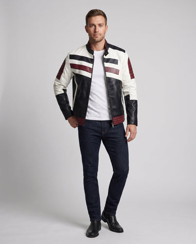 Herren Lederlook Bikerjacke mit Farbblockdesign, gesteppte Ärmel und Saumfinish Shop Nory