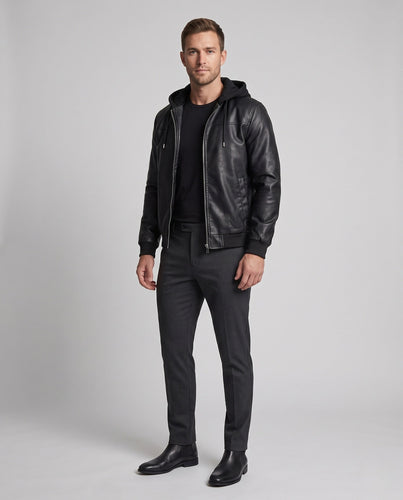 Herren Kapuzenpullover aus Kunstleder im urbanen Bomberstil mit Reißverschluss und gerippten Bündchen Shop nory