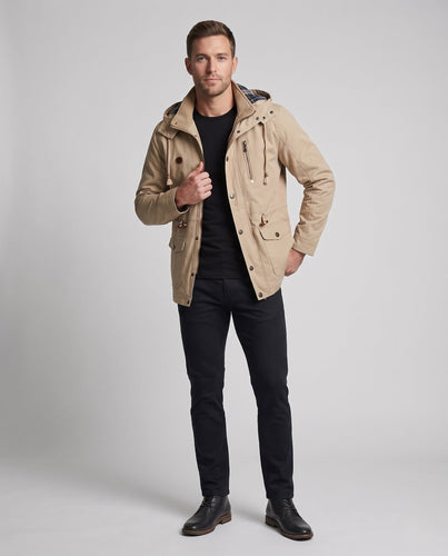 Herren leichtgewichtige Kapuzen-Canvas-Parka mit Zugband, Klappentaschen und Reißverschlusstasche auf der Brust Shop Nory