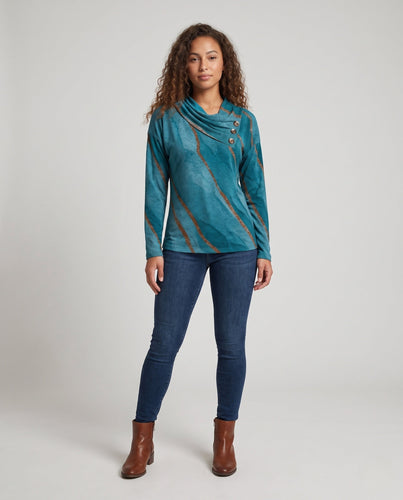 Frauen Langarmshirt mit asymmetrischem Wasserfallkragen und dekorativer Knopfleiste Shop Nory
