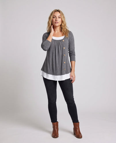 Damen Casual Layering Langarm mit asymmetrischem dekorativem Knopfverschluss und kontrastierendem Saum Shop Nory